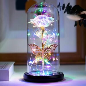 Rose Gift For Her, Galaxy Glass Rose Flower And Butterfly With Led Light Great Gift Ideas