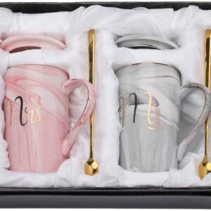 Ceramic Marble Finish Coffee Mug With Lid & Spoon For Valentine Gifts For Couple 380 ML